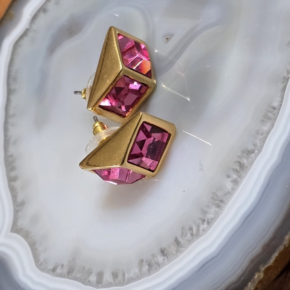 Swarovski Pink Double Emerald Cut Post Back Vintage Earrings - Picture 7 of 11